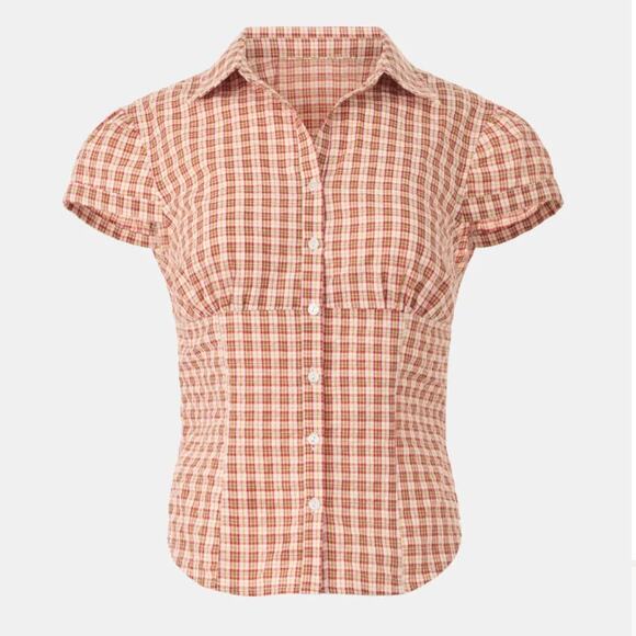 Lioness Brown Gingham Button Up Top XS Tailored Picnic Plaid Cottage Preppy $59 - Picture 9 of 13